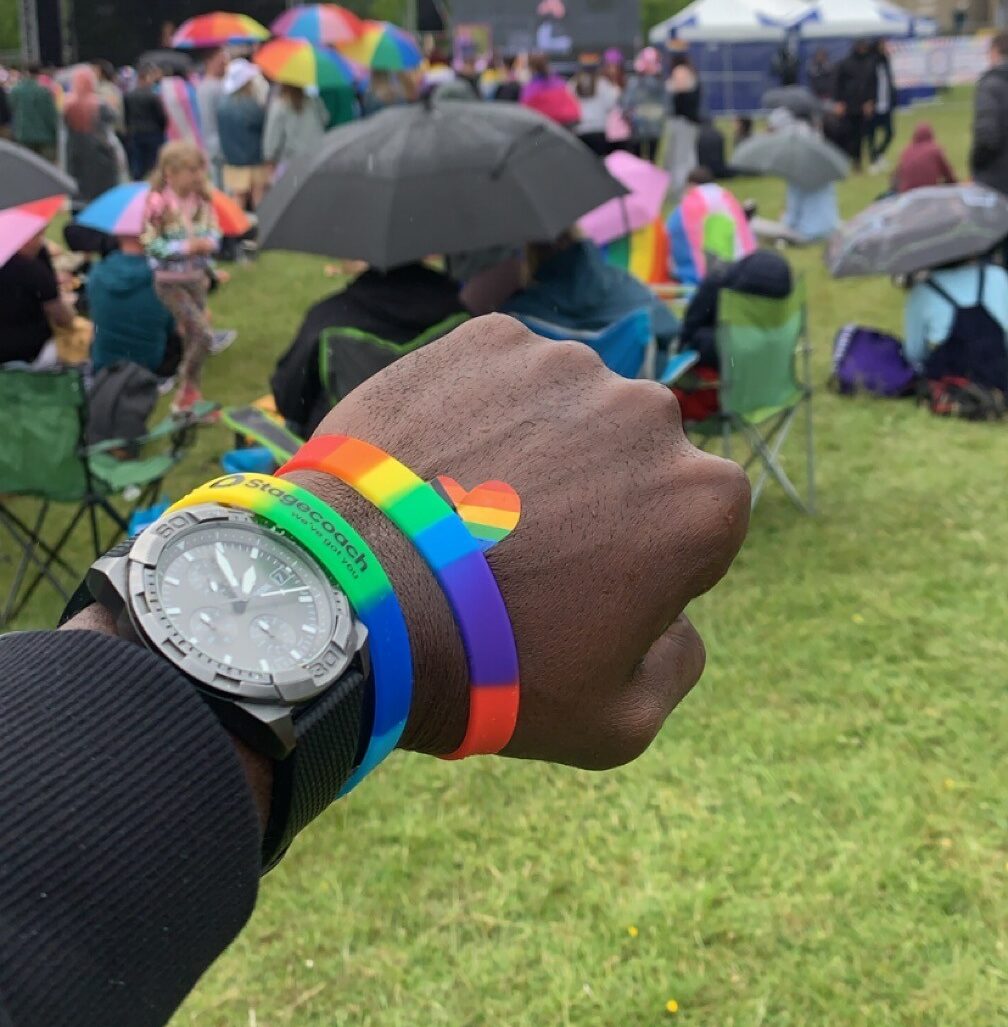 A hand with a rainbow bracelet
